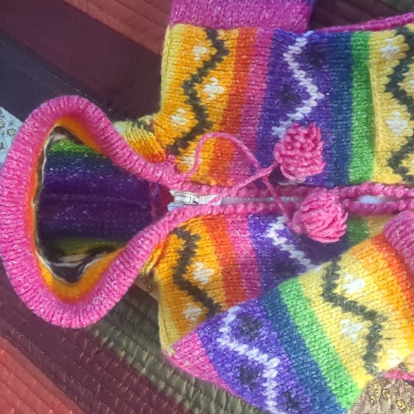 Handmade knit cowichan style boho rainbow wool zip front hooded baby sweater - Picture 5 of 16